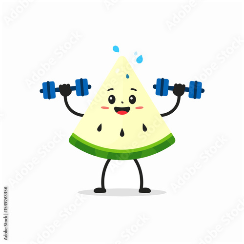 Cartoon watermelon slice exercising holding dumbbells with a smiley face and droplets floating above