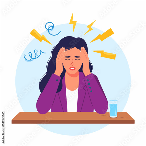 A woman in purple is holding her head while sitting at a desk appearing stressed with lightning bolt graphics surrounding her