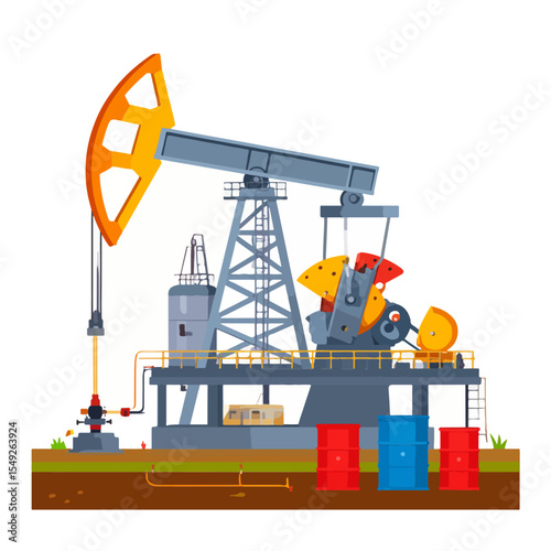 An oil drilling pumpjack set on a brown ground with barrels and grassy details