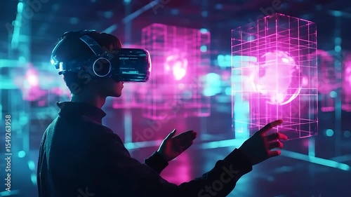 Young person engaging with virtual reality technology, interacting with holographic displays in a futuristic setting