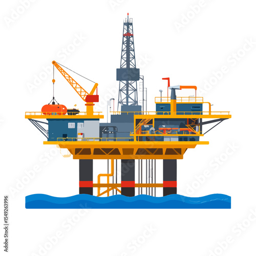 An offshore oil platform stands atop blue waves featuring a crane and a tall derrick