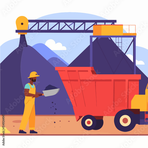 A worker loads a dump truck with coal in a mine with mountains and a crane