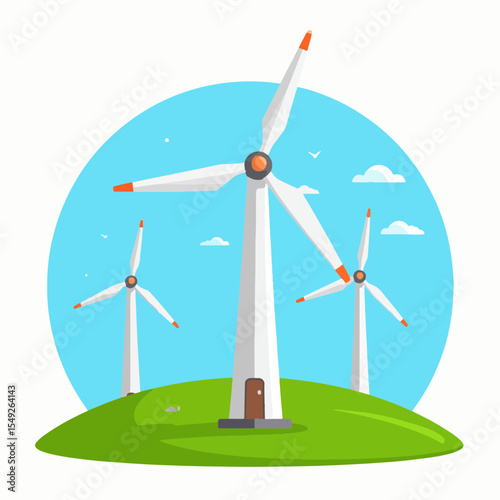 Wind turbines stand on a green hill set against a blue sky with scattered clouds
