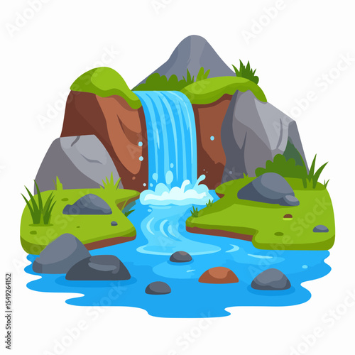 Cartoon illustration of a waterfall cascading down rocks into a pool surrounded by greenery and rocks