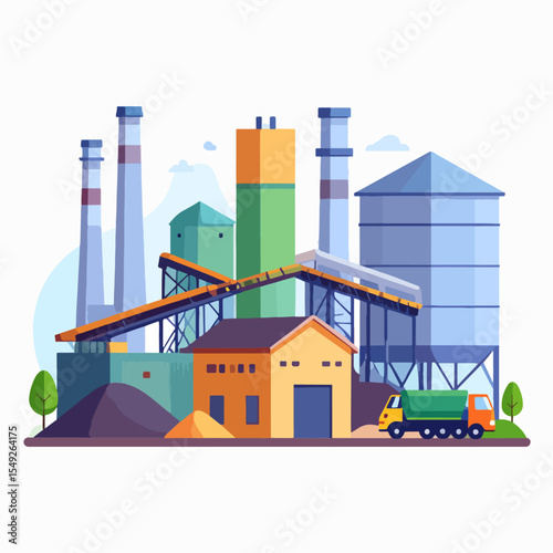 A factory featuring buildings smokestacks conveyors a silo trucks and greenery against a white backdrop