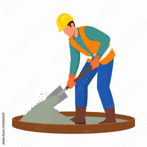 Cartoon of a construction worker shoveling cement into a pit wearing a helmet gloves safety vest long sleeve shirt pants and boots