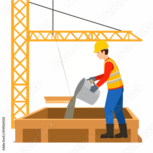 A construction worker pours concrete into a wooden form under a yellow crane