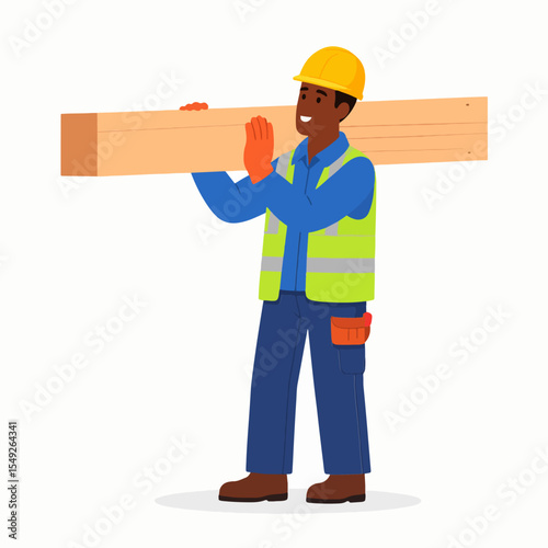 A construction worker carries a wooden beam