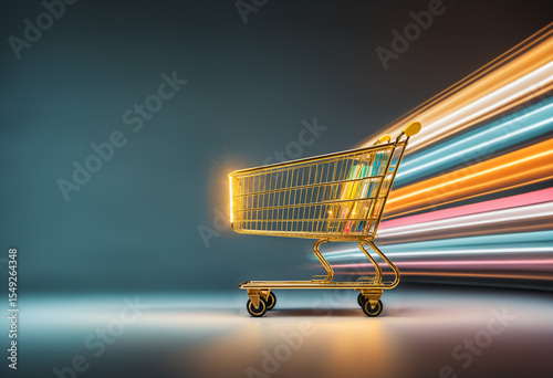 golden shopping cart with speed light trails for e-commerce