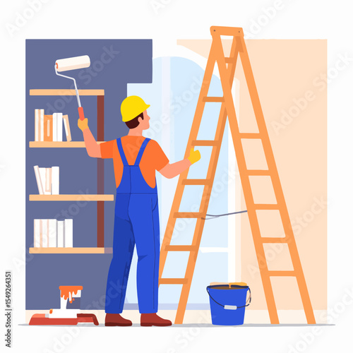 Painter wearing overalls and hardhat paints a wall near a ladder paint bucket tray and bookshelf