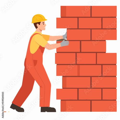 A construction worker in a yellow helmet and orange overalls builds a red brick wall