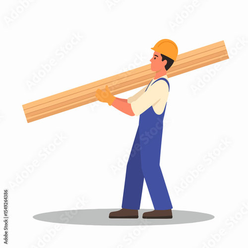 A construction worker in blue overalls  gloves carries wood A yellow hardhat rests on his head A grey shadow sits below