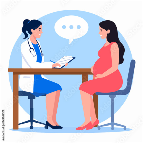 Doctor with clipboard at desk consults a pregnant patient seated on a chair in front of a light blue circle