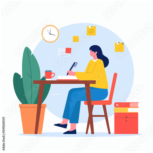 Woman writing at a desk with notes a plant books and a clock set against a blue background