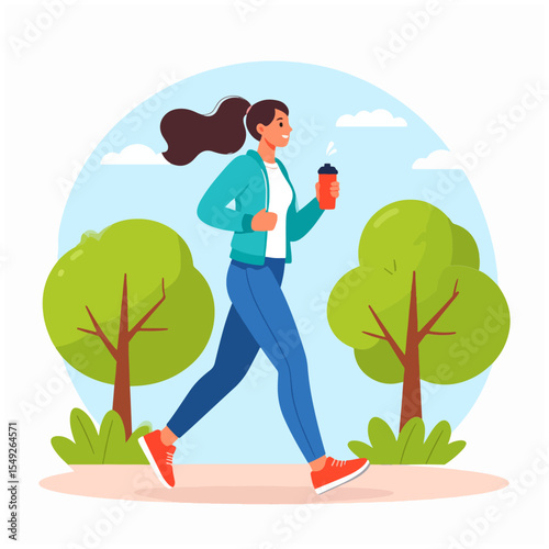 Woman jogging outdoors Teal jacket blue pants orange shoes Trees blue sky drink in hand ponytail