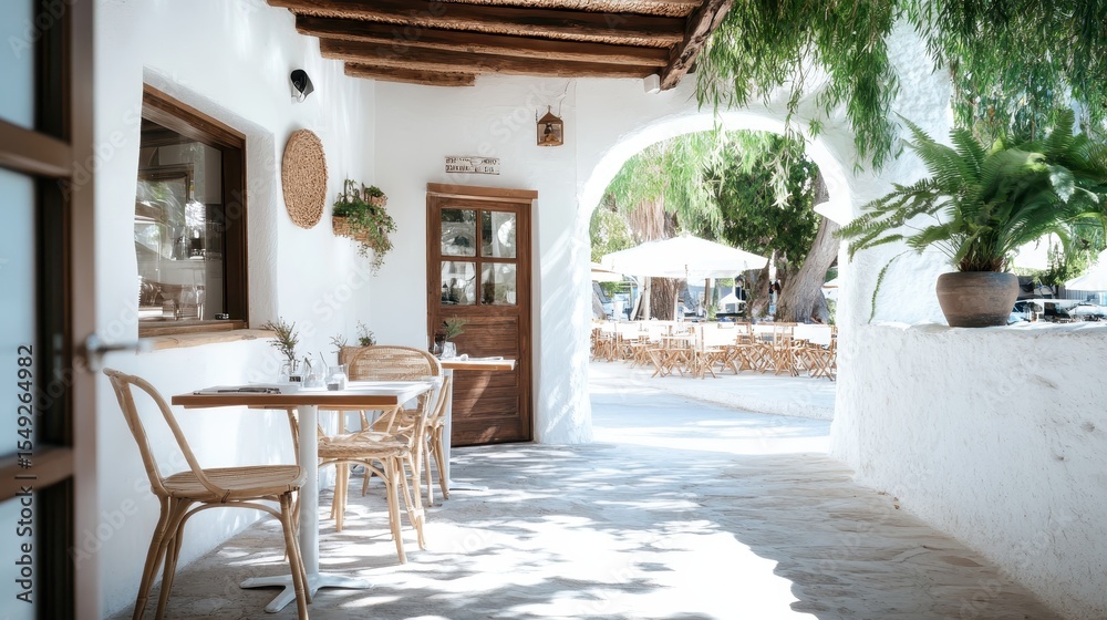 Fototapeta premium A picturesque outdoor cafe setting featuring wooden tables and lush greenery, inviting patrons to enjoy leisurely meals in a serene and sunlit atmosphere.