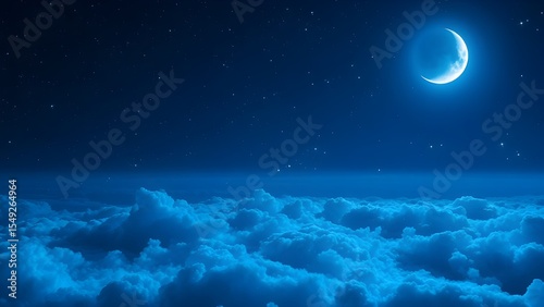 Ultra-realistic enchanted night sky in deep glowing blues, with shimmering stars, an icy white crescent moon, and glowing cumulus clouds — perfect for magical, serene fantasy backgrounds.