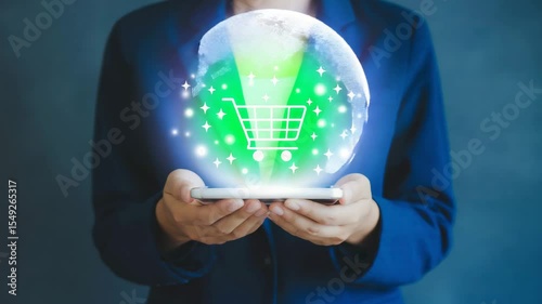 Wallpaper Mural Smartphone with glowing green shopping cart icon, dark blue background Torontodigital.ca