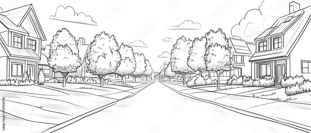 Fototapeta premium Suburban street scene drawing