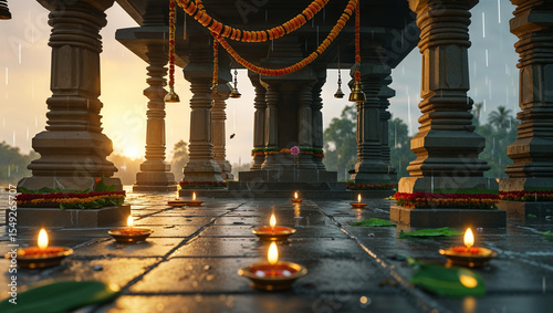 Illuminated temple with oil lamps and decorations during rainfall in serene atmosphere