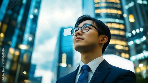 Young professional man in a suit gazing upward in a modern cityscape with skyscrapers at dusk