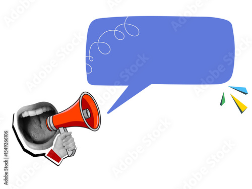 Mouth screaming into a red megaphone with a big speech bubble, place for text.Modern collage style. Illustration on transparent background