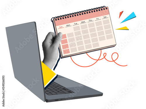 A black and white hand extending calendar from laptop screen. Modern photo collage style. Illustration on transparent background