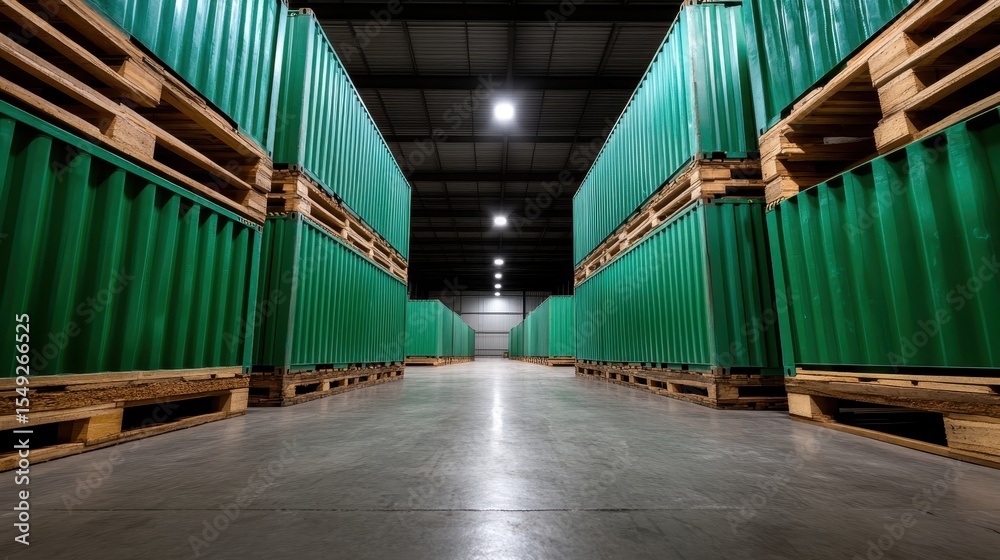 Fototapeta premium A spacious warehouse aisle lined with neatly stacked green containers on wooden pallets, representing industrial organization, efficiency, and modern commercial storage solutions.