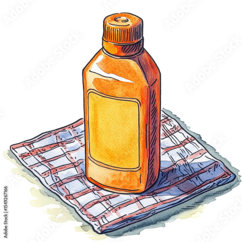 Orange Bottle with Blank Label on Checkered Cloth, Ideal for Condiments or Personal Care Products, Bright Watercolor Style Artwork