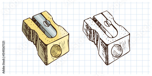 Hand drawn vintage sketch of pencil sharpener in color and monochrome on grid notebook background