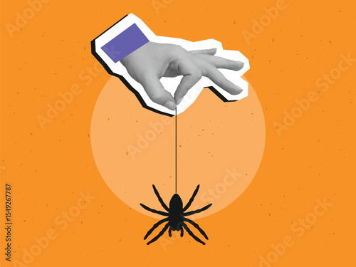 Black and white hand holding a spider on a rope. Modern photo collage style. Vector illustration