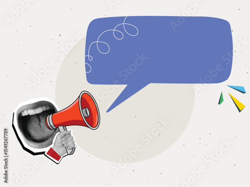 Mouth screaming into a red megaphone with a big speech bubble, place for text.Modern collage style. Vector illustration