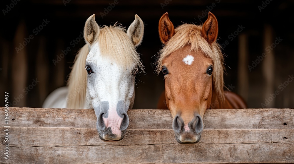 Obraz premium Two beautiful horses, one white and one chestnut, are seen peering curiously over a rustic wooden stall, representing companionship and the beauty of nature.