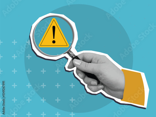 A person look through magnifying glass on a yellow warning sign with Exclamation mark. Modern collage style. Vector illustration