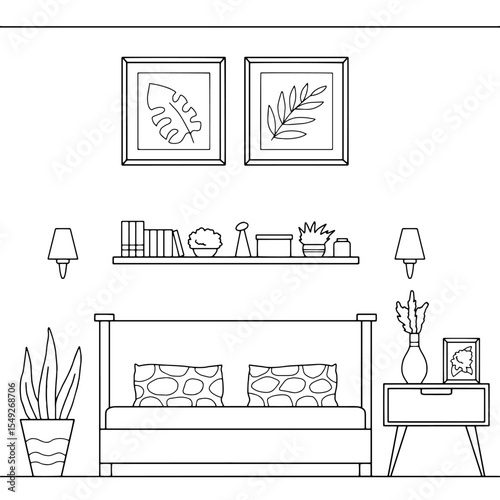 Bedroom graphic black white home interior sketch illustration vector 