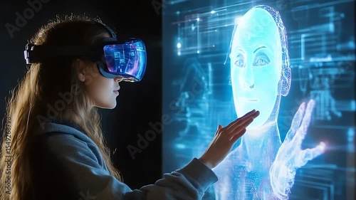 Young woman interacting with a holographic avatar in a virtual reality environment, showcasing technology