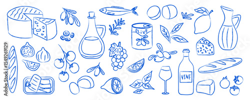 Set of Italian dishes in Mediterranean blue style. Lemon, tomatoes, olives, cheese, sardines, wine, basil. Dolce vita aesthetics. Vector illustration.