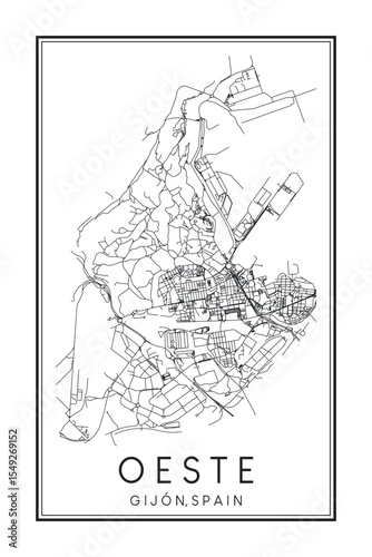 Hand drawn printable downtown road map poster of district OESTE of the Spanish city of GIJÓN on solid white background with city name