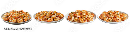 4 plate of Garlic butter shrimp on white plate, isolated on transparent background 
