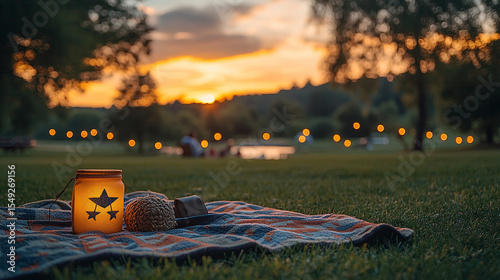 USA-inspired picnic blanket on grassy field during golden hour, decorated for Independence Day with warm light ambiance, ideal for American summer gatherings or patriotic promotions
