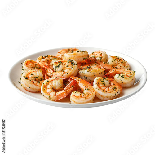 Garlic butter shrimp on white plate, isolated on transparent background 
