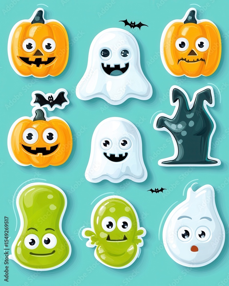 Naklejka premium Cute Halloween Stickers with Pumpkins, Ghosts, and Bats Design