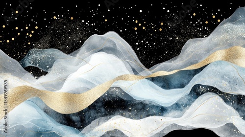 Abstract landscape with flowing, light blue and white marble-like waves over a black background, dotted with gold particles