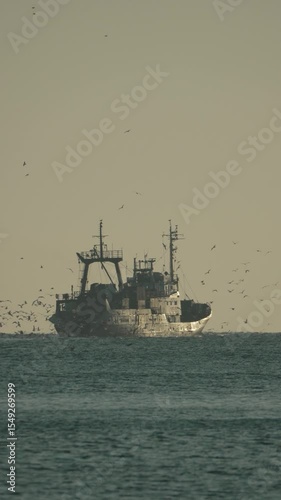 Fishing Trawler Ocean Birds Catching: Coastal waters, daytime, commercial fishing operation.