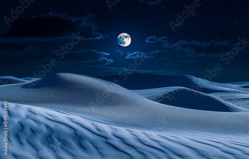 Photograph of sand dunes at night with the moon, highly detailed