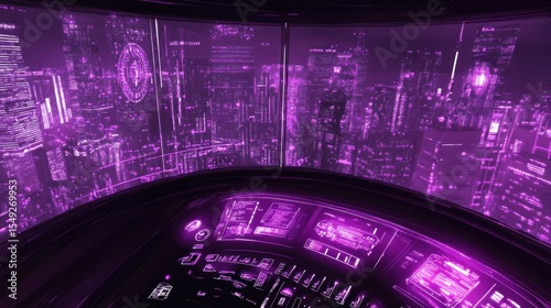 Futuristic cityscape illuminated in vibrant purple hues from cockpit view