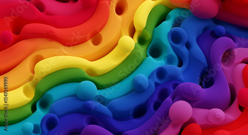 Abstract render of colorful, flowing shapes resembling a rainbow with porous textures.
