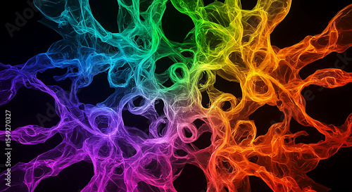 Abstract artwork of colorful, interconnected, flowing, and vibrant shapes against a black background.