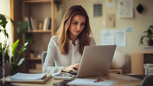 Young woman working on laptop in a cozy home office surrounded by plants and natural light