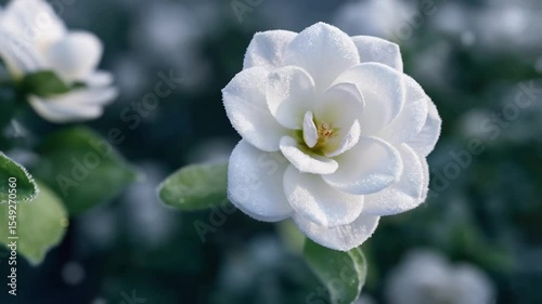 White gardenia flower blooming on soft green background  